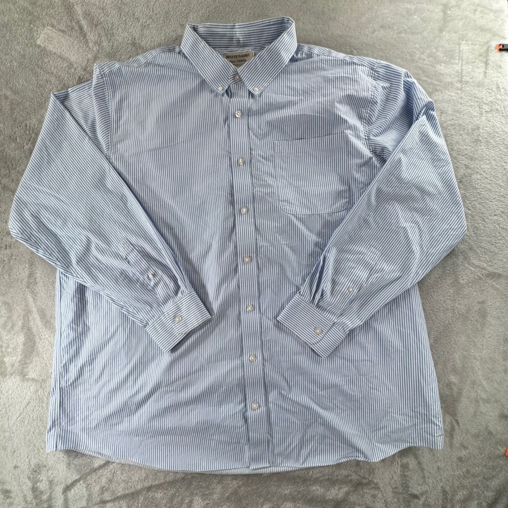 Duluth Trading Co Wrinklefighter Mens‎ Blue White Striped Button Down Shirt XL